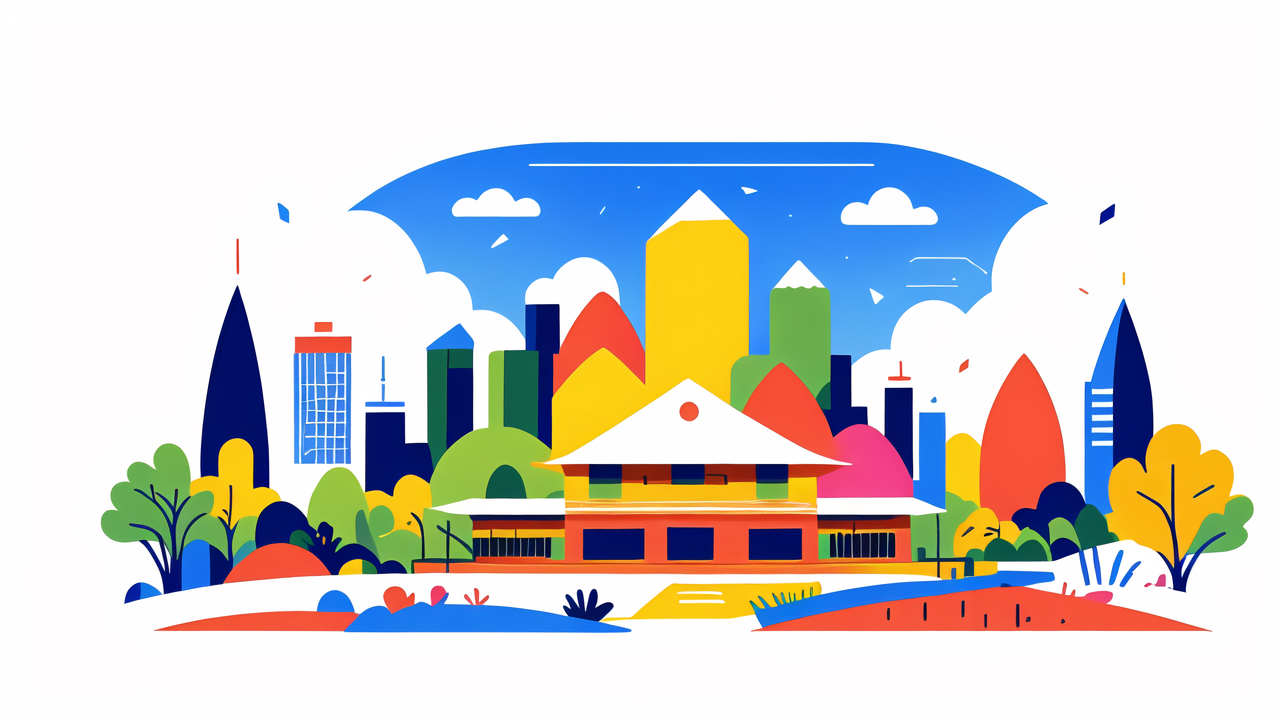 Colorful cityscape illustration with bold shapes in Australian art style