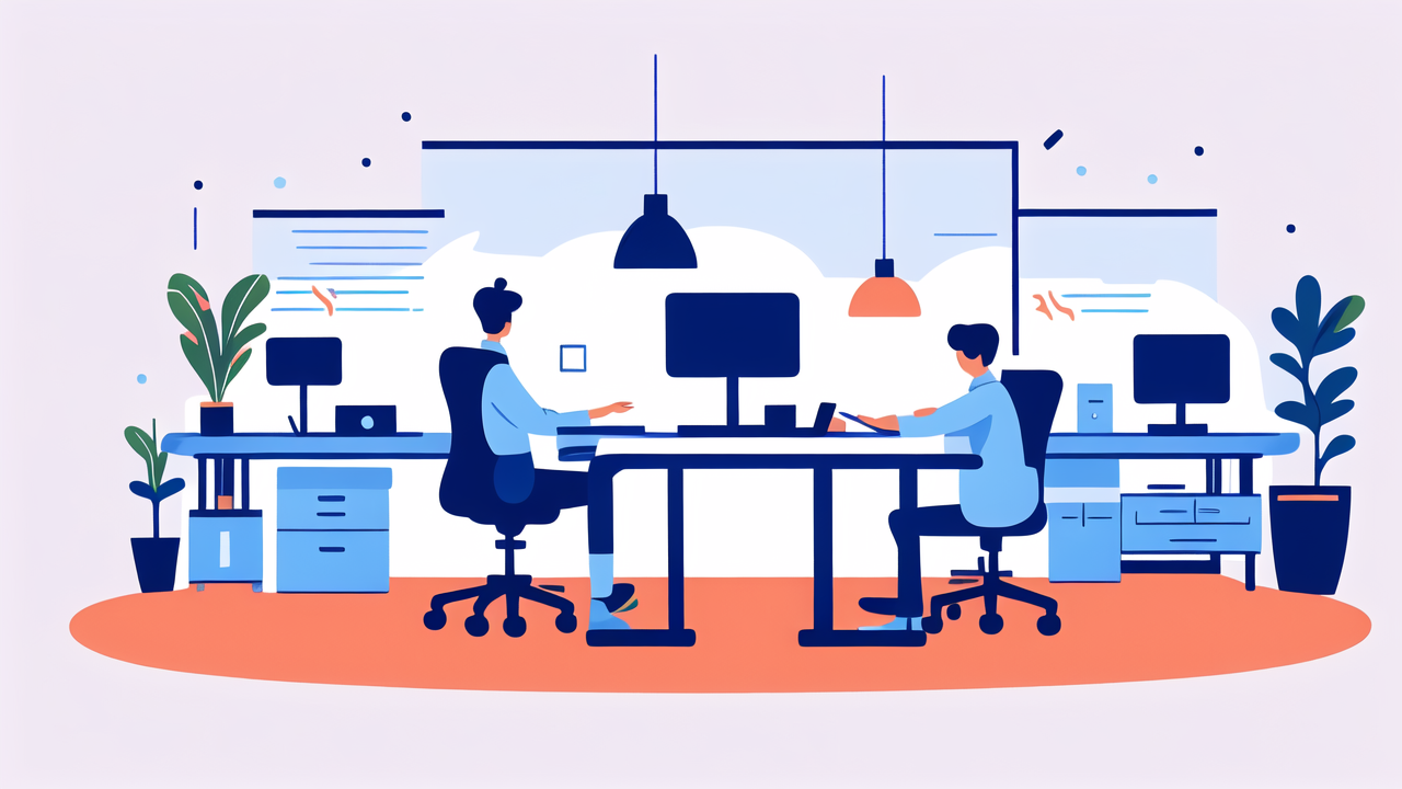 Modern workspace with ergonomic office chair, vibrant colors, and plants for productivity