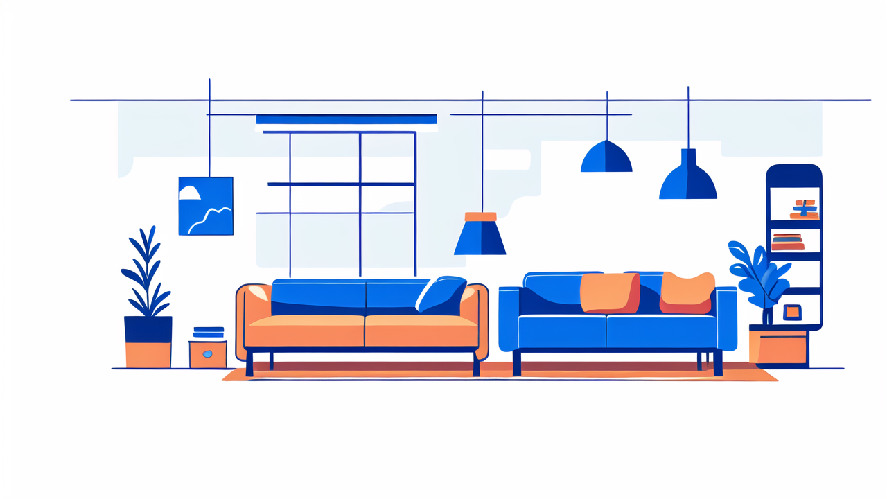 decor in home, Modern living room decor with Seat Recliners, blue-orange theme, pendant lights