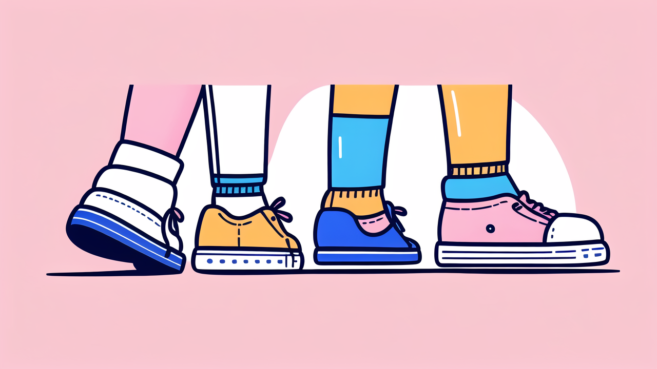 Colorful cartoon feet in kids athletic socks and breathable socks on a pink backdrop