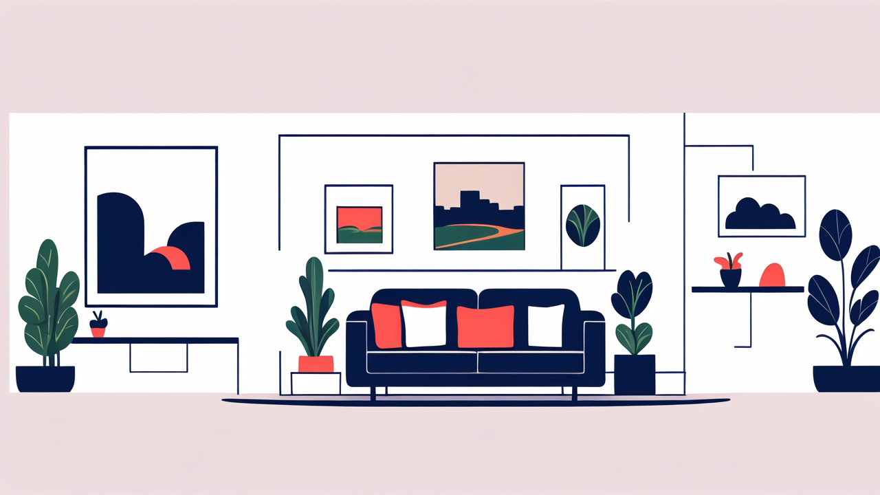 tv stand, Vibrant landscape illustration with blue mountains, colorful trees, and white clouds.