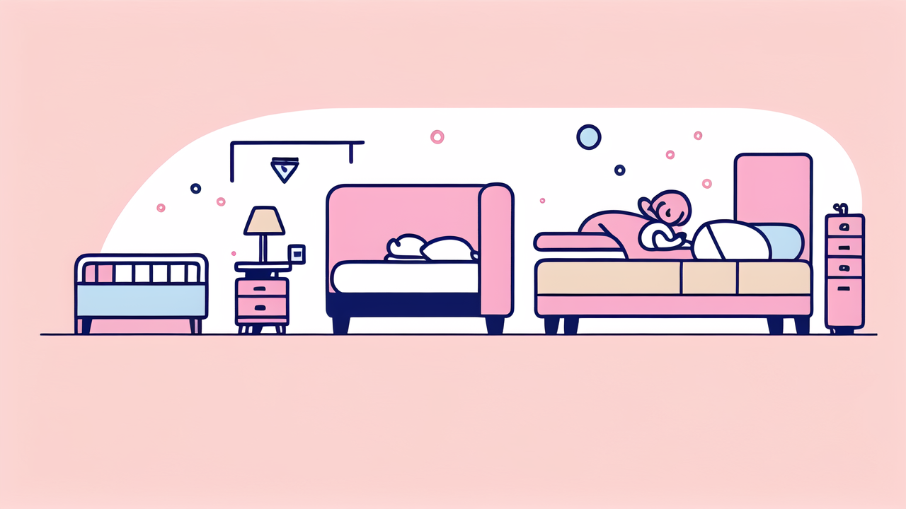 Infant sleep scene with cartoon children and baby pillow on soft pink background