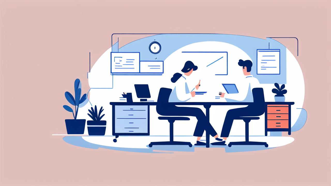 office efficiency, Modern office with ergonomic furniture optimizing efficiency and productivity.