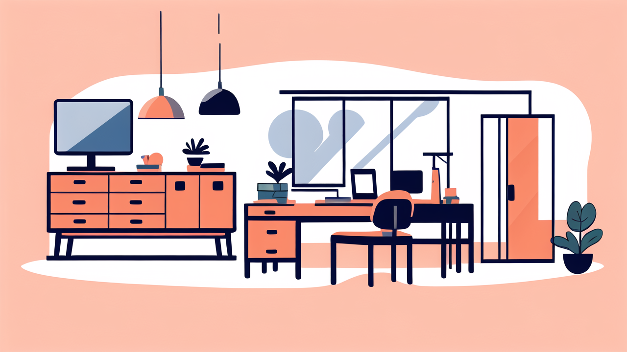 makeup stand, Modern office with Makeup Stool, black chair, desk, monitors, and bookshelf.