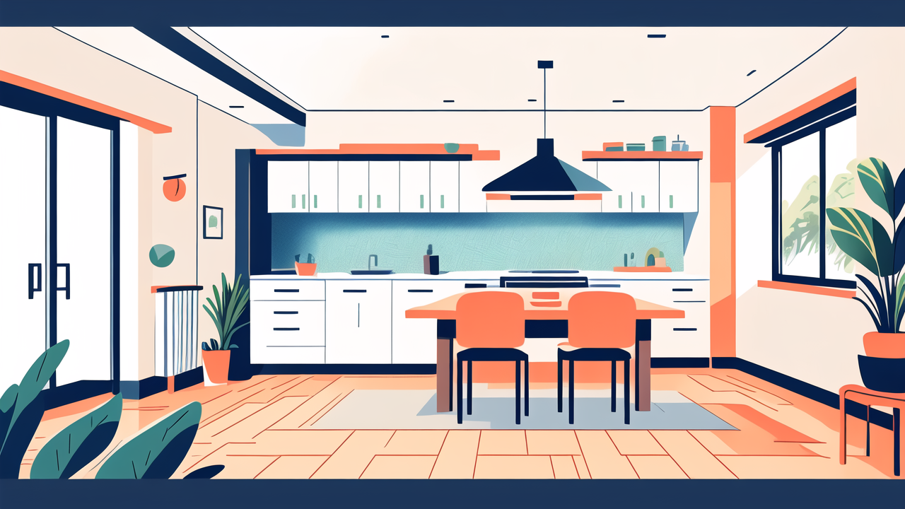 Modern kitchen with orange dining table and accent wall with wood trim