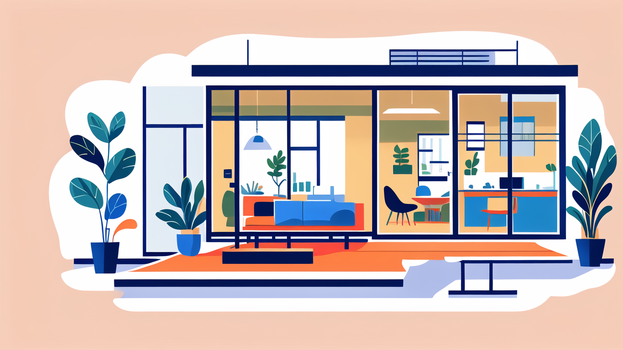 Modern South African interior design with smart housing: white sofa, blue carpet, art.