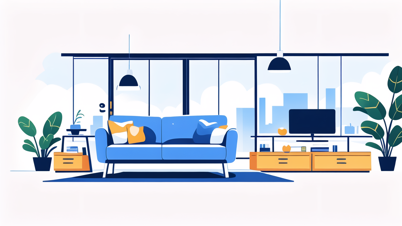 Modern living room with vibrant blue and orange decor, featuring home cinema seating.