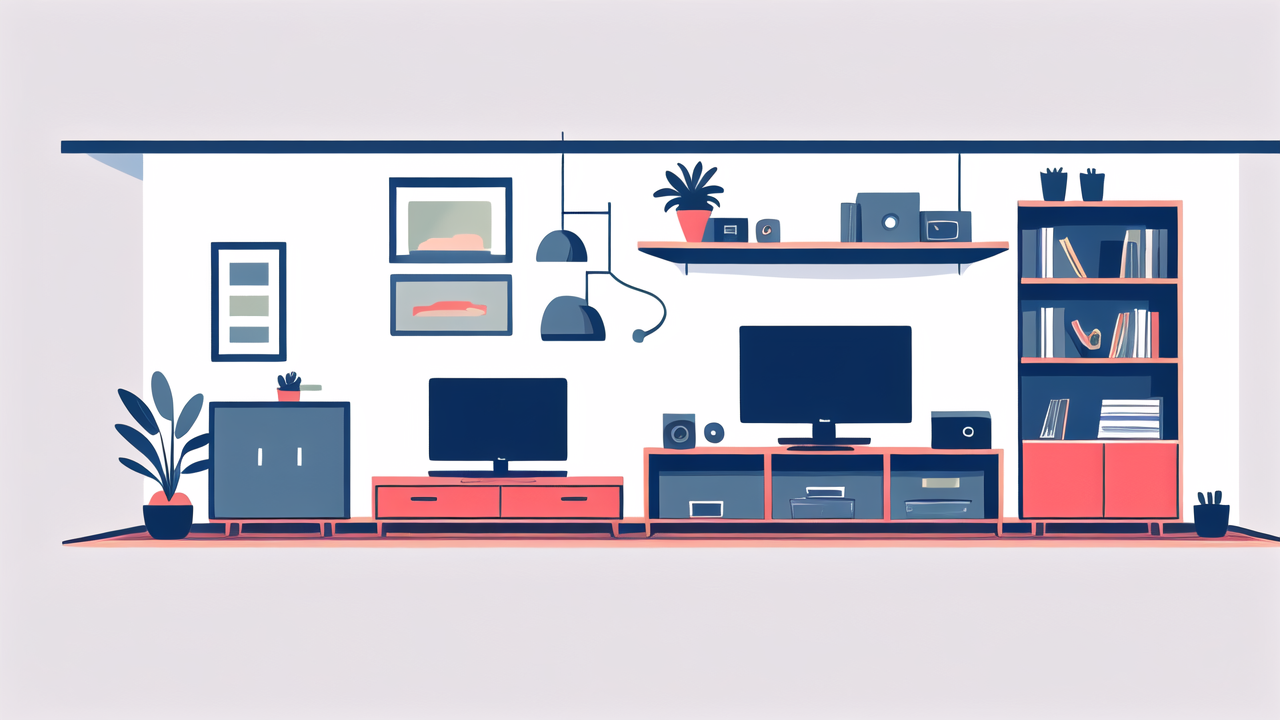 tv with plants in biophilic design living room with blue and red accents