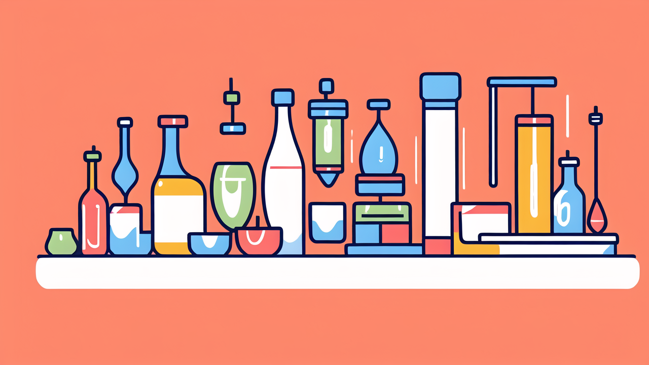 Vibrant lab glassware on shelf, orange backdrop; ideal for cute smoking accessories Bongs