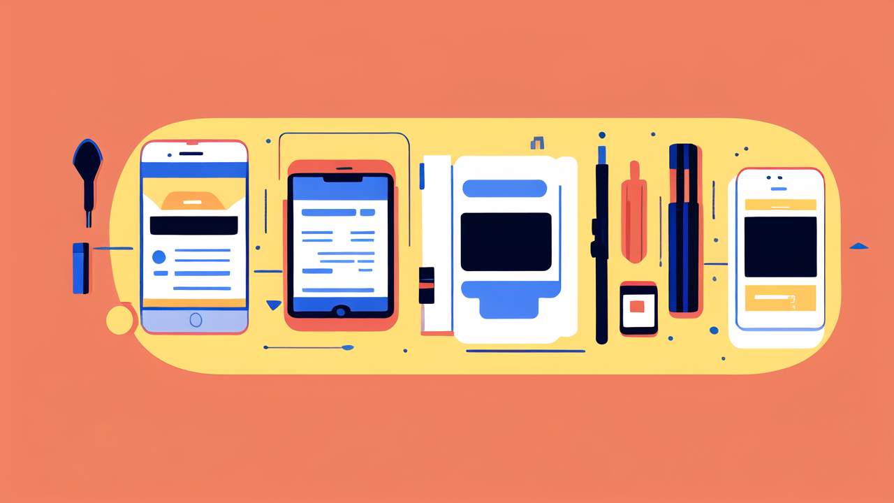 kevlar, Vibrant illustration of tech gadgets: smartphone, tablet, laptop, camera, and notebook.
