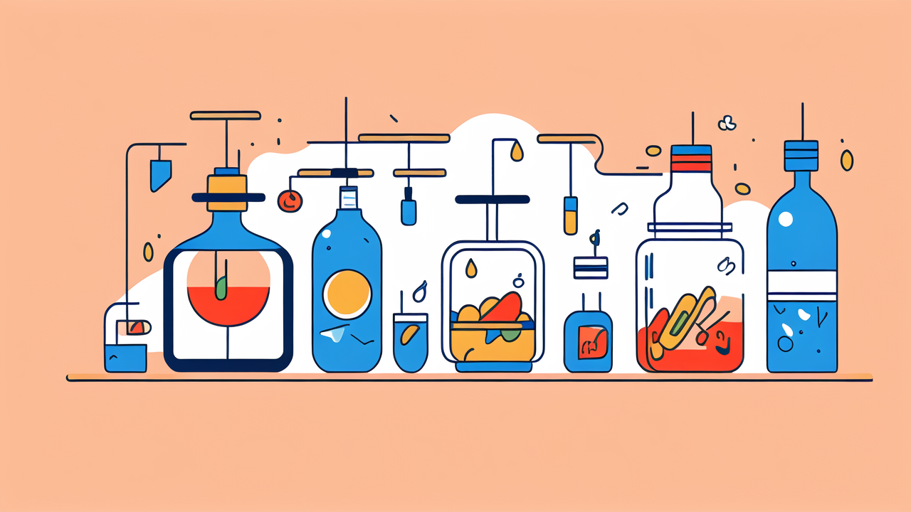 how to select a bong, Vibrant glass bottles on a white shelf with colorful liquids against a pink background
