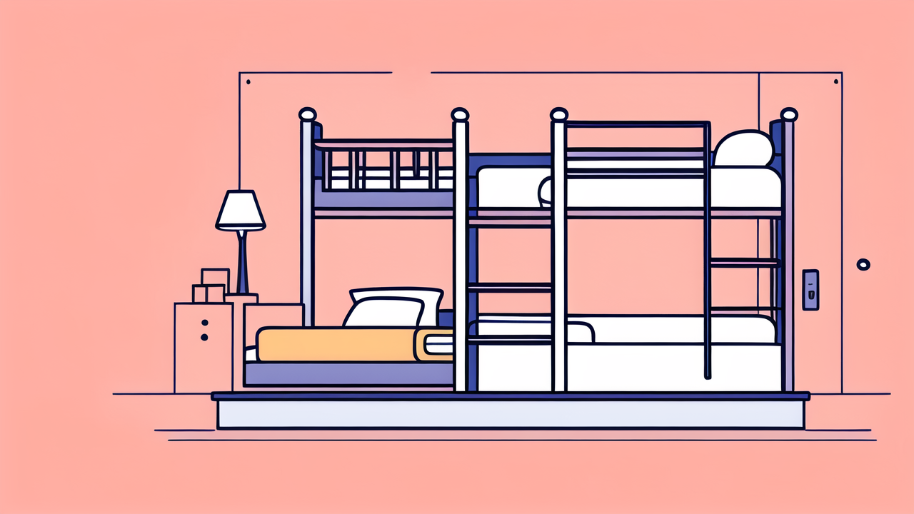 tv stands for, Minimalist bedroom with pink walls, bunk bed, lamp, book, and Entertainment Centers.