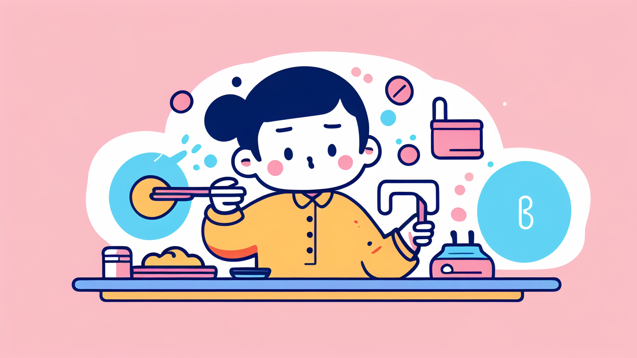 baby feeding, Young girl eating sushi and noodles with chopsticks; baby pacifiers nearby