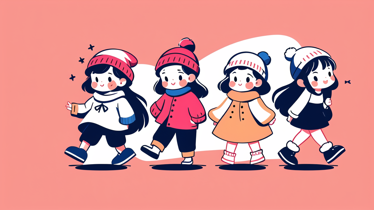 winter babies clothing, Cartoon girls in winter baby clothes with beanies on a soft pink background