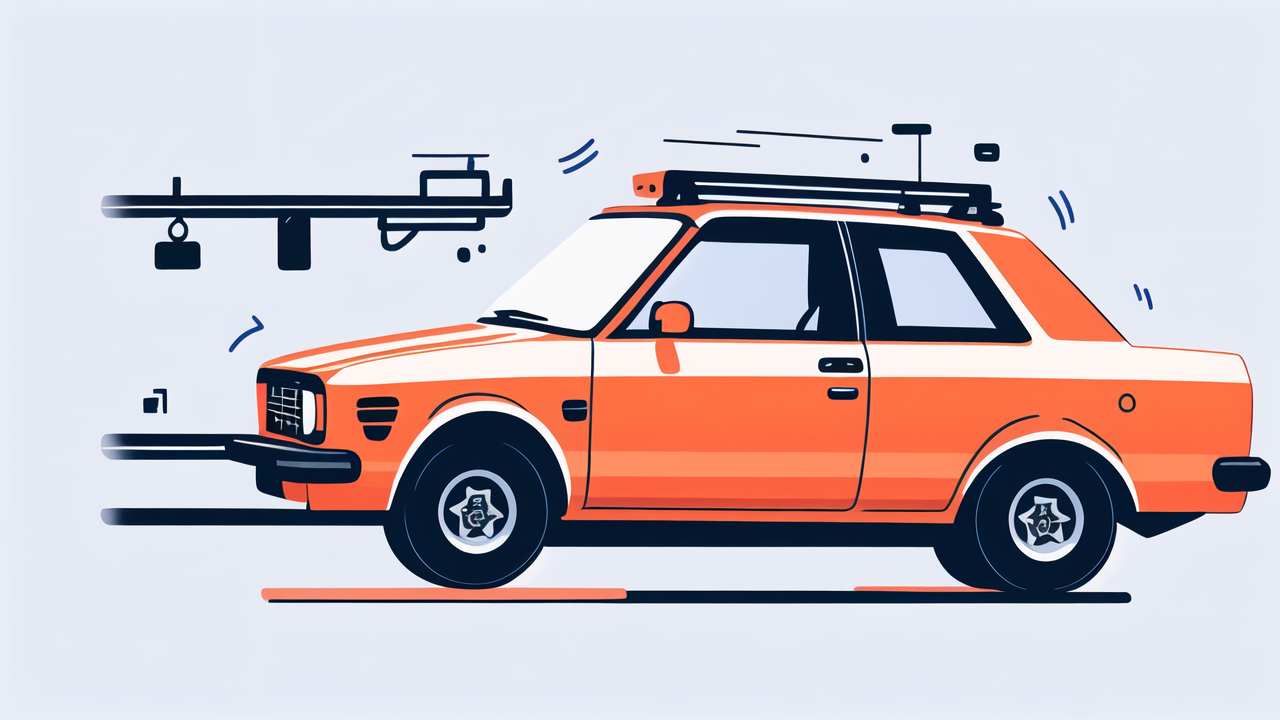 custom carbon fibre, Vintage orange car with motion lines and black wheels on a light blue background
