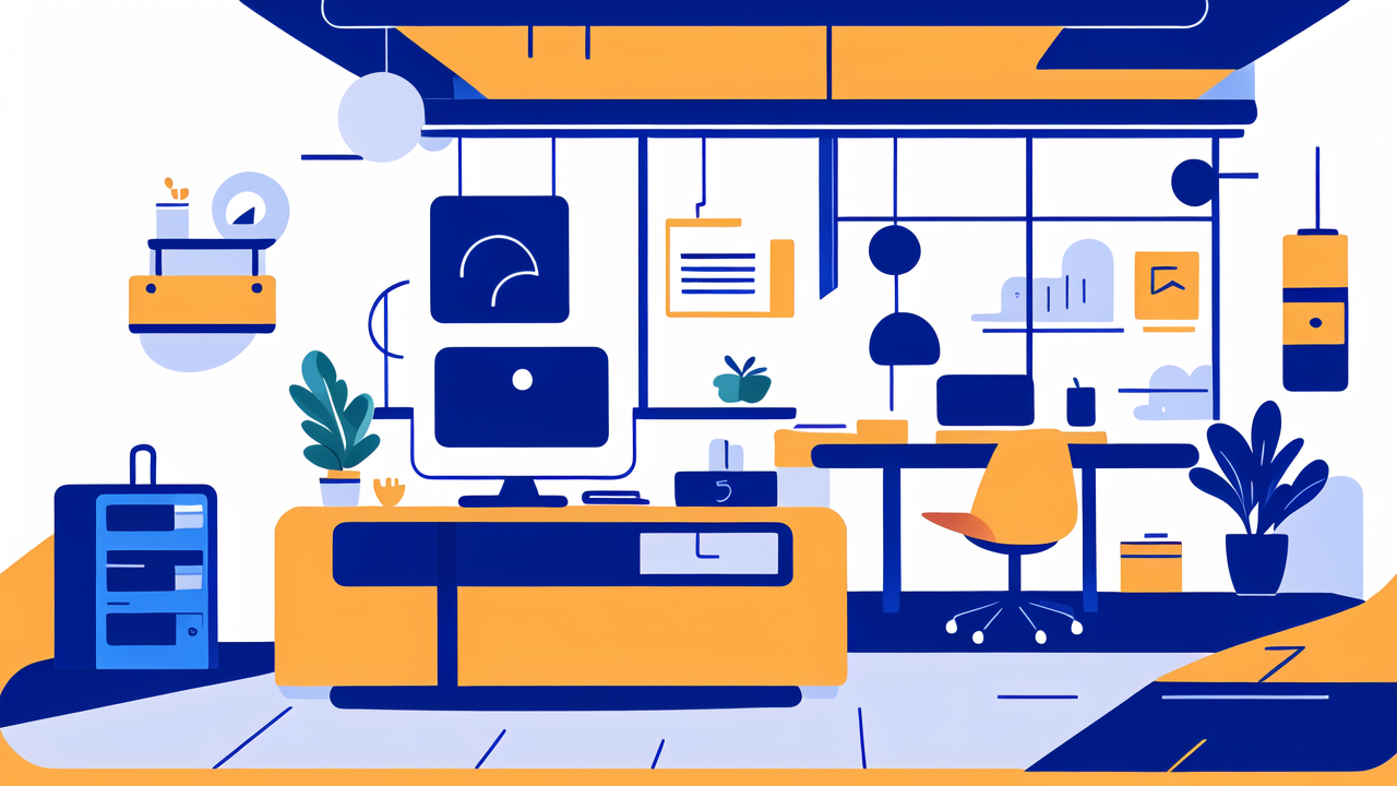 Modern home office with ergonomic sofa, vibrant decor, and collaborative workspace