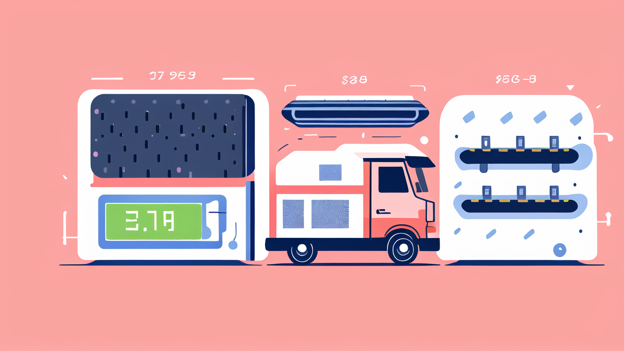 carbon fiber sheets 4x8, Refrigerator, red delivery truck, and vending machine on pink background
