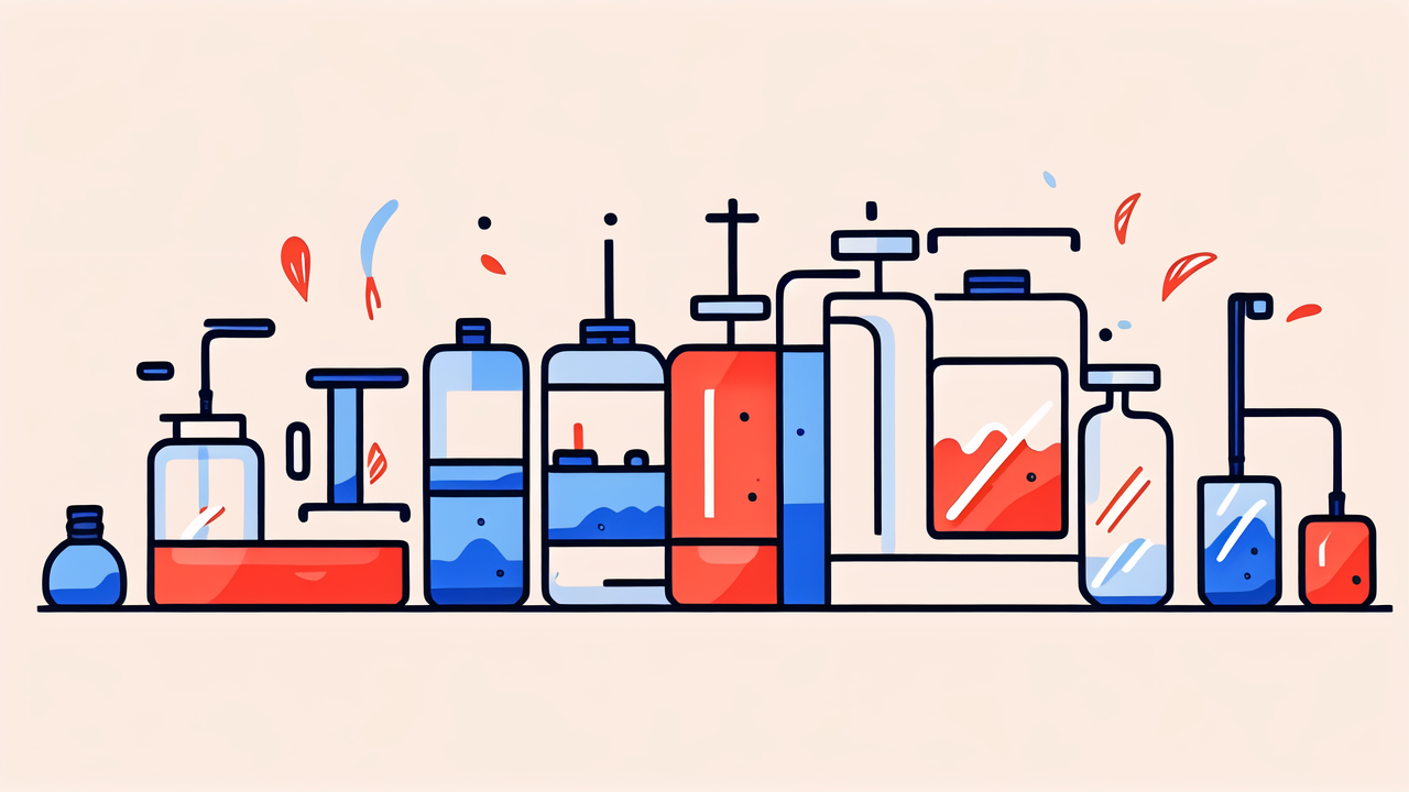 Vibrant bong decor in bong shop with colorful beakers and flasks arrangement
