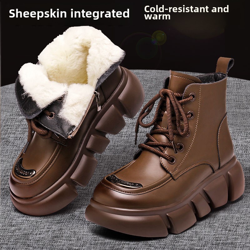 Fur integrated snow boots women's winter leather wool cotton boots thick-soled Martin boots women's short boots thickened warm cotton boots_voghion.com