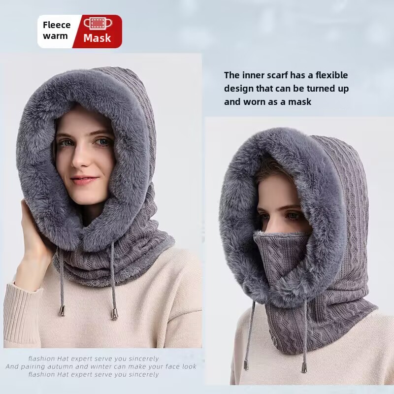 Sonbahar ve kış yabancı peluş şapka kadın açık binicilik kapşonlu kayak şapkası termal maske atkı iki bir arada kalınlaştırılmış şapka_voghion.com