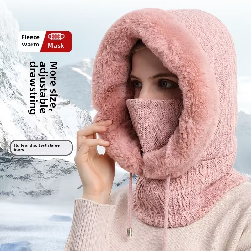 Sonbahar ve kış yabancı peluş şapka kadın açık binicilik kapşonlu kayak şapkası termal maske atkı iki bir arada kalınlaştırılmış şapka_voghion.com