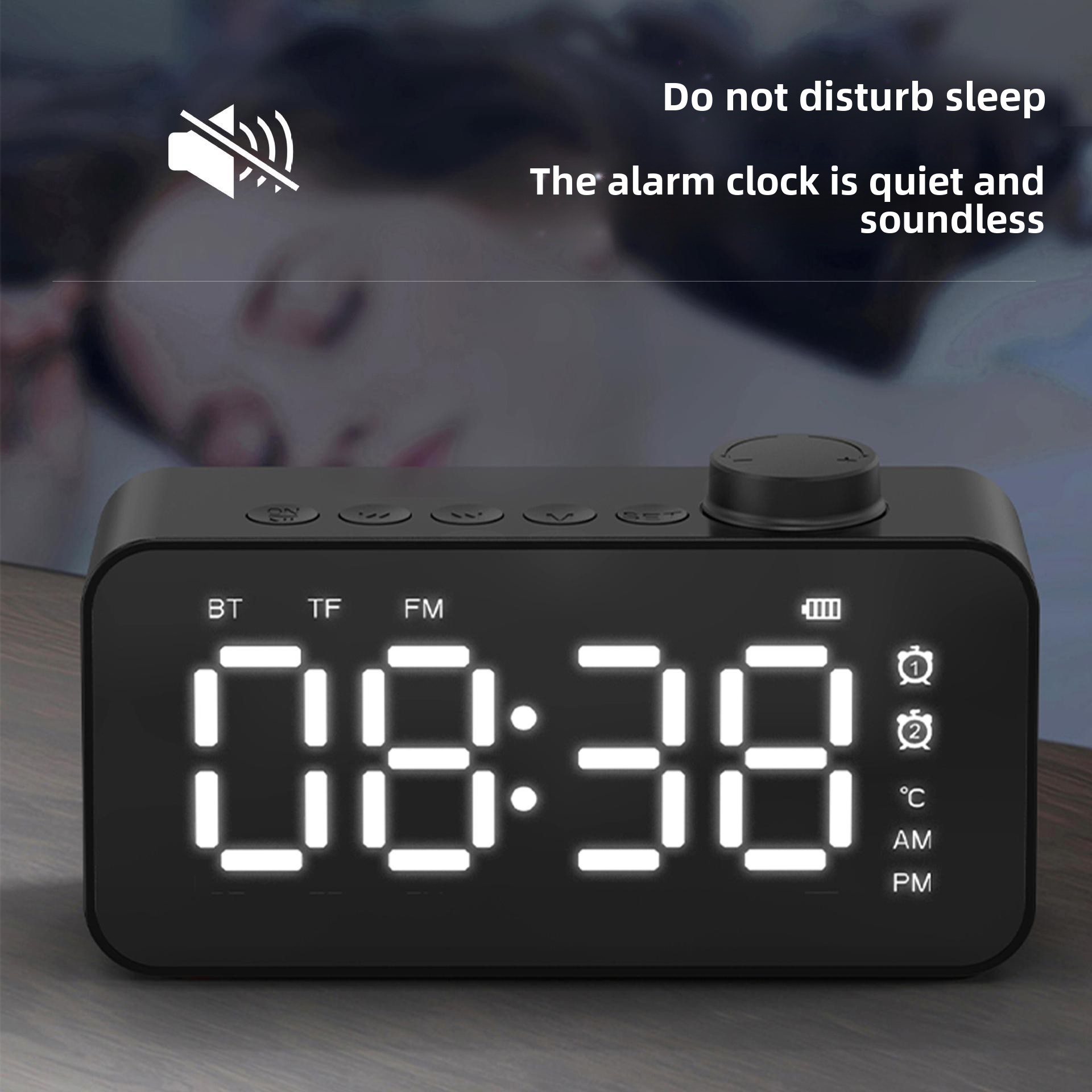 Altoparlante wireless YaShoo - Connessione Bluetooth, sveglia, radio FM, display LED, display della temperatura, chiamata tramite microfono, supporto per schede TF, potenza 3 W_voghion.com