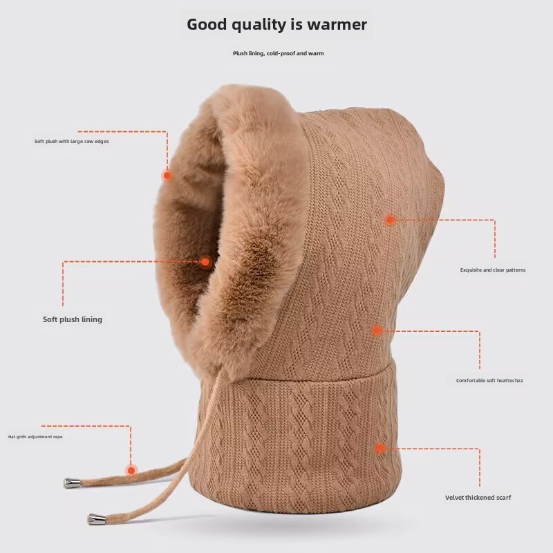 Sonbahar ve kış yabancı peluş şapka kadın açık binicilik kapşonlu kayak şapkası termal maske atkı iki bir arada kalınlaştırılmış şapka_voghion.com