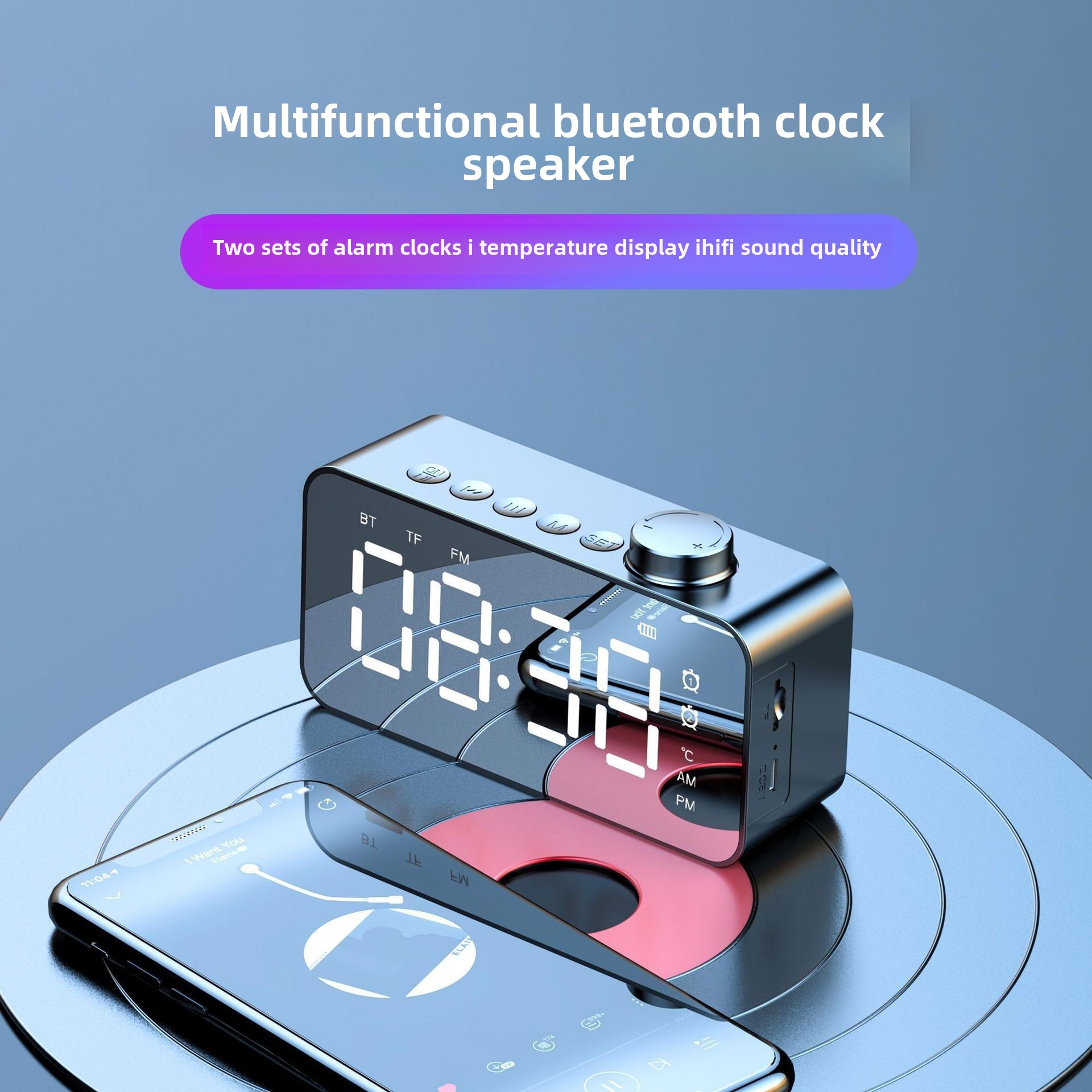 Altoparlante wireless YaShoo - Connessione Bluetooth, sveglia, radio FM, display LED, display della temperatura, chiamata tramite microfono, supporto per schede TF, potenza 3 W_voghion.com