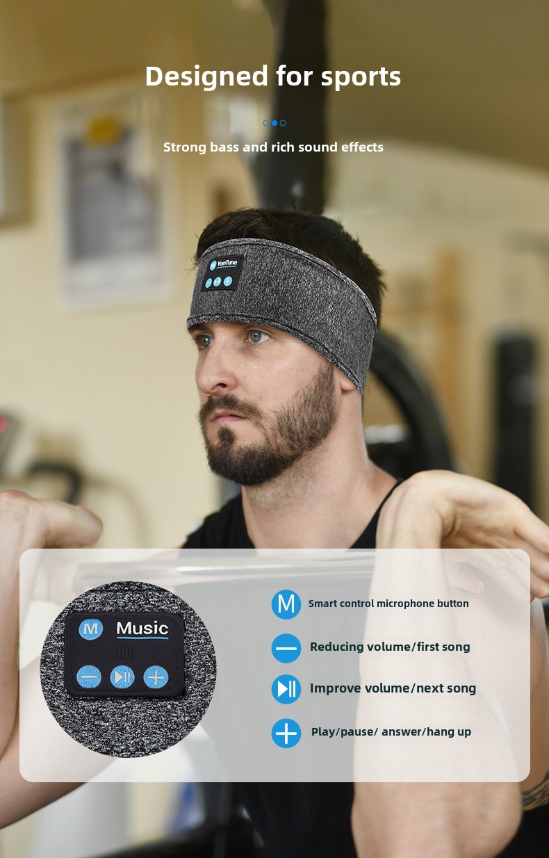 Écouteurs sans fil Bluetooth yashoo - Bandeau de sport, 6 à 8 heures d'autonomie, chargement USB, lavable, batterie 300 mAh_voghion.com