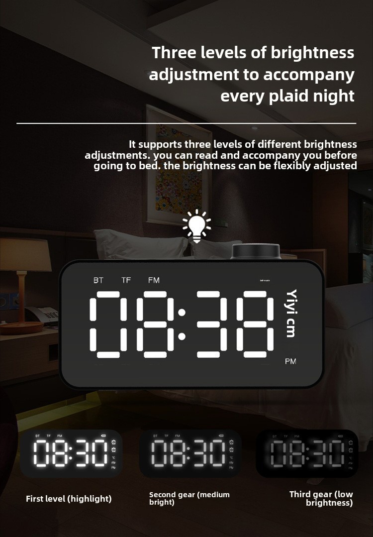 Altoparlante wireless YaShoo - Connessione Bluetooth, sveglia, radio FM, display LED, display della temperatura, chiamata tramite microfono, supporto per schede TF, potenza 3 W_voghion.com