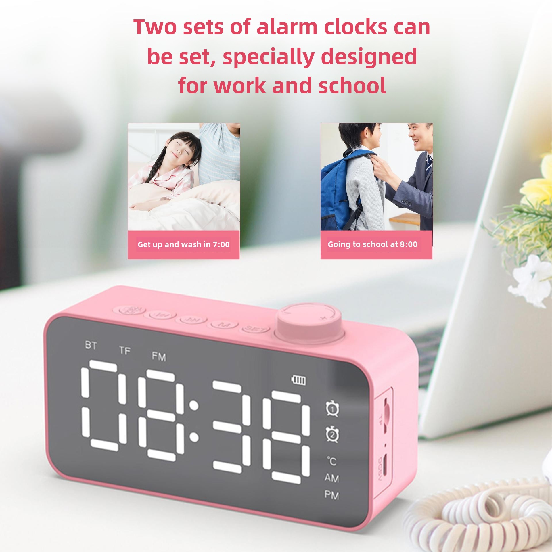 Altoparlante wireless YaShoo - Connessione Bluetooth, sveglia, radio FM, display LED, display della temperatura, chiamata tramite microfono, supporto per schede TF, potenza 3 W_voghion.com