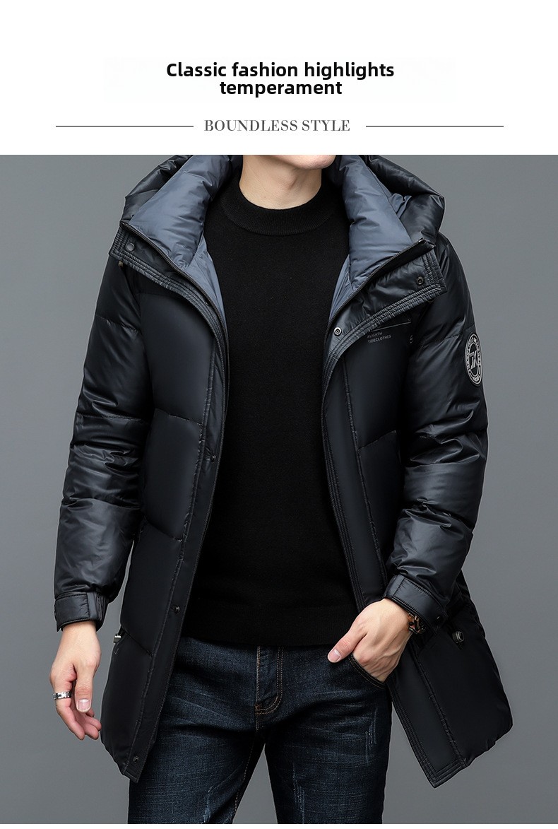 2023 Neue Winterjacke für Herren, mittellang, Herbst und Winter 90, weiße Entendaunenjacke, warm, verdickt, lässig, mit Kapuze_voghion.com