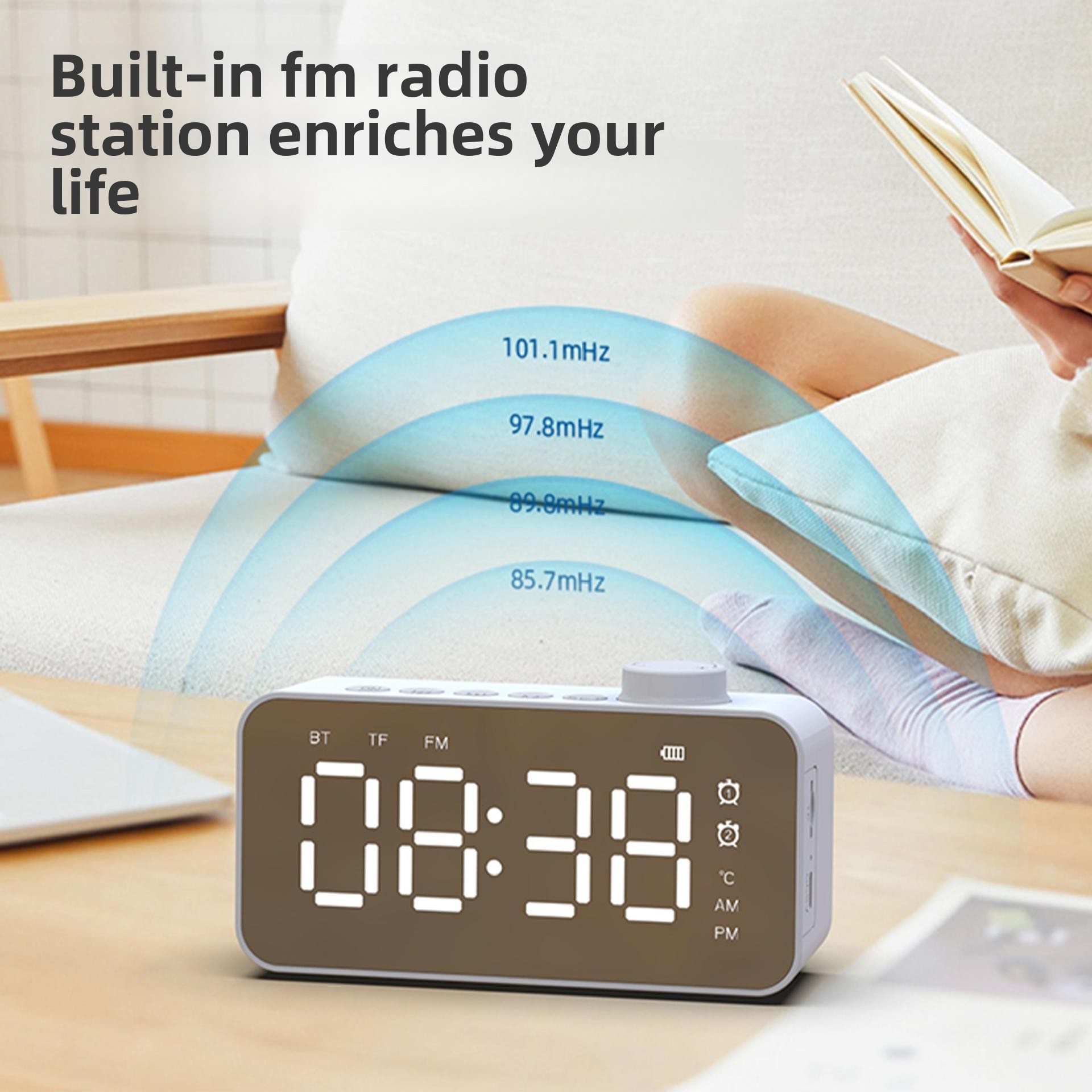 Altoparlante wireless YaShoo - Connessione Bluetooth, sveglia, radio FM, display LED, display della temperatura, chiamata tramite microfono, supporto per schede TF, potenza 3 W_voghion.com
