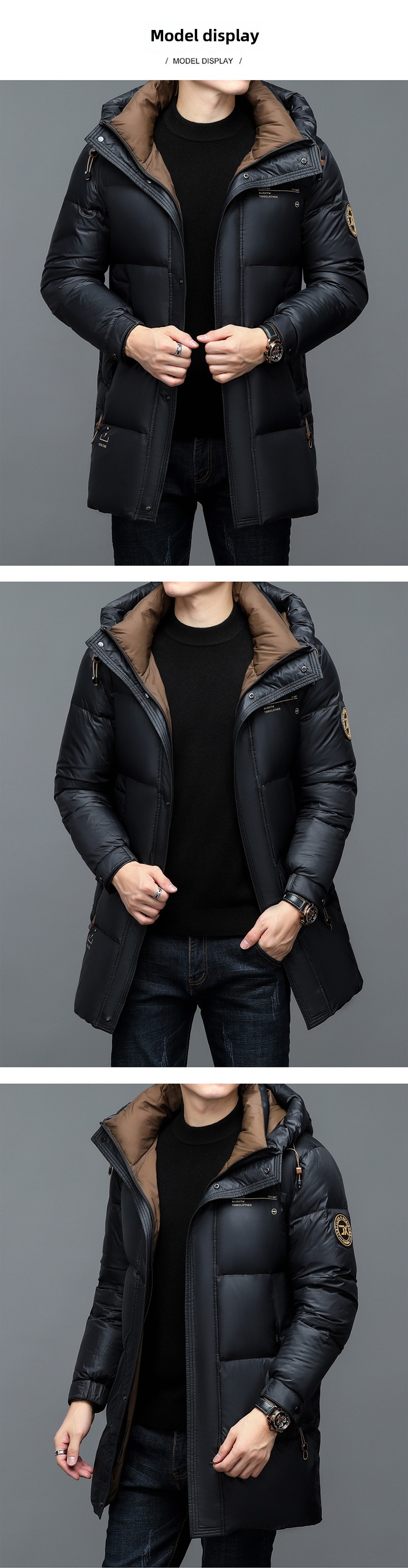 2023 Neue Winterjacke für Herren, mittellang, Herbst und Winter 90, weiße Entendaunenjacke, warm, verdickt, lässig, mit Kapuze_voghion.com