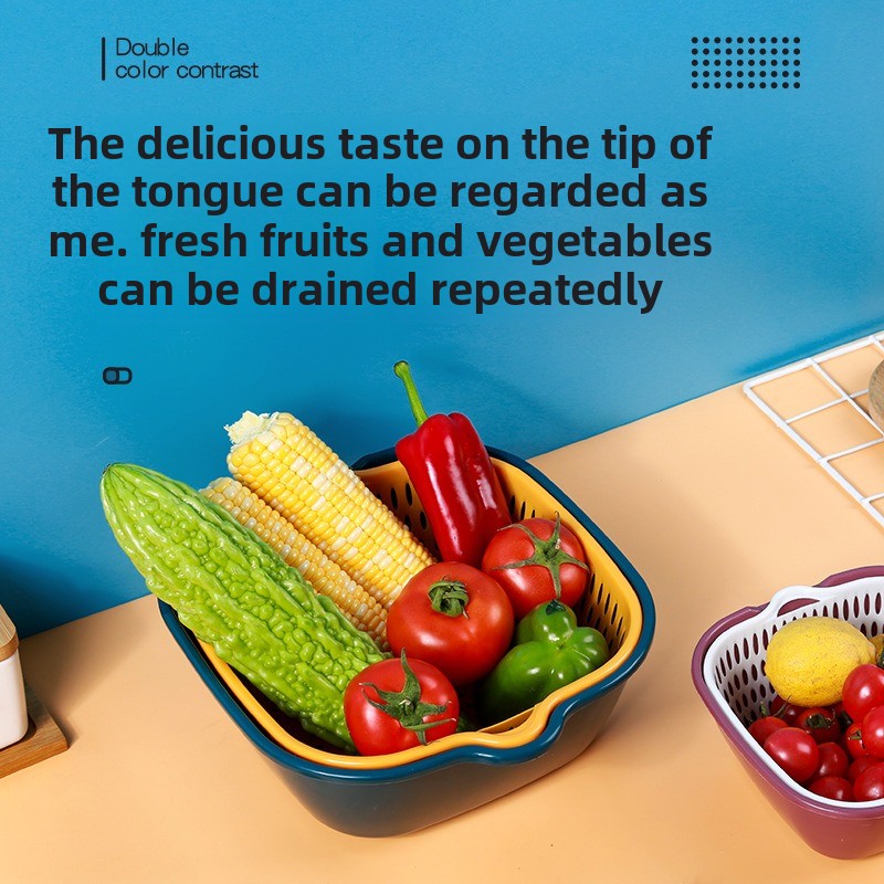 Drain basket six-piece set wholesale kitchen color matching double-layer 6-piece set household washing vegetable basket fruit_voghion.com