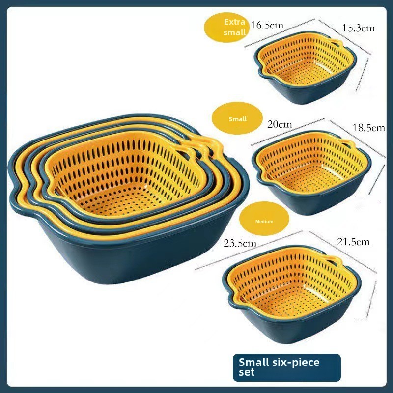 Drain basket six-piece set wholesale kitchen color matching double-layer 6-piece set household washing vegetable basket fruit_voghion.com