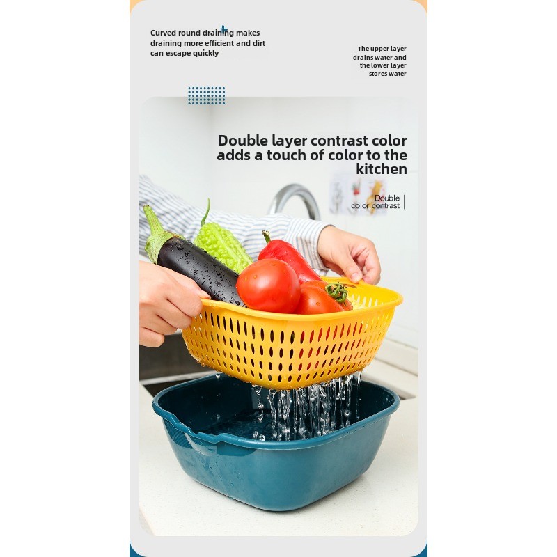 Drain basket six-piece set wholesale kitchen color matching double-layer 6-piece set household washing vegetable basket fruit_voghion.com