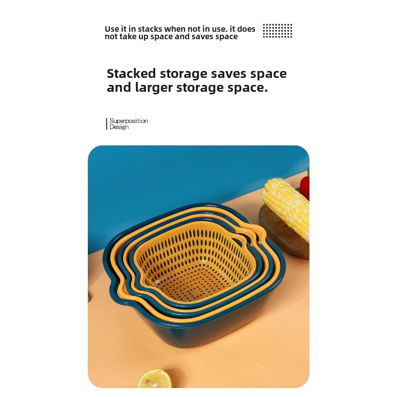 Drain basket six-piece set wholesale kitchen color matching double-layer 6-piece set household washing vegetable basket fruit_voghion.com