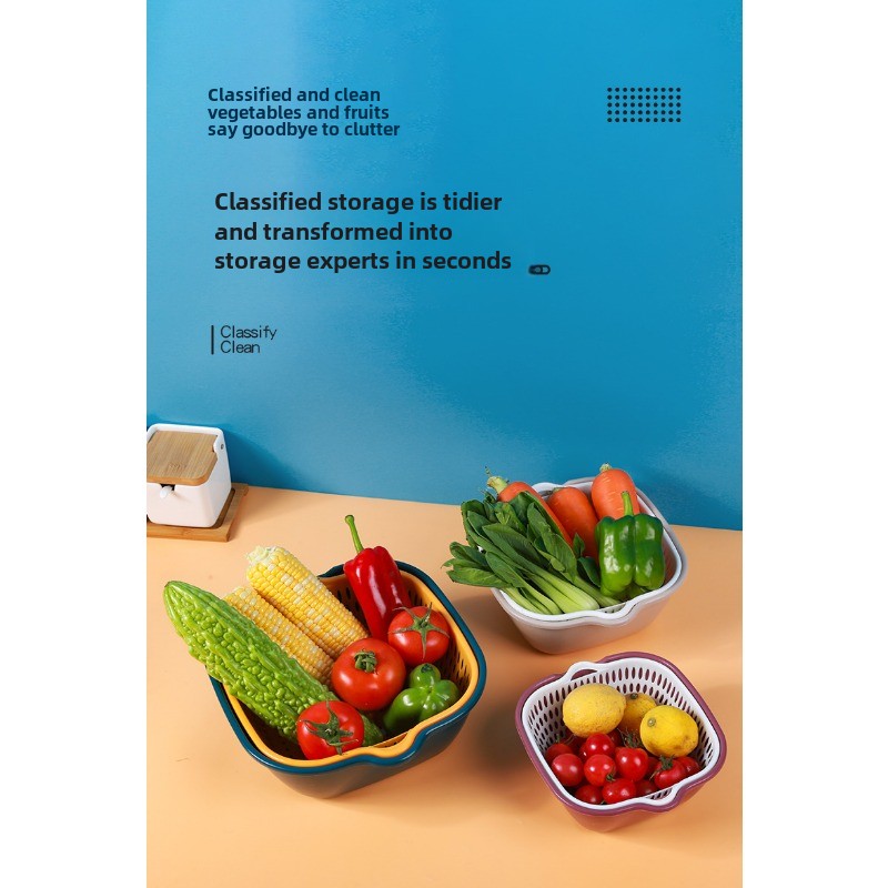 Drain basket six-piece set wholesale kitchen color matching double-layer 6-piece set household washing vegetable basket fruit_voghion.com