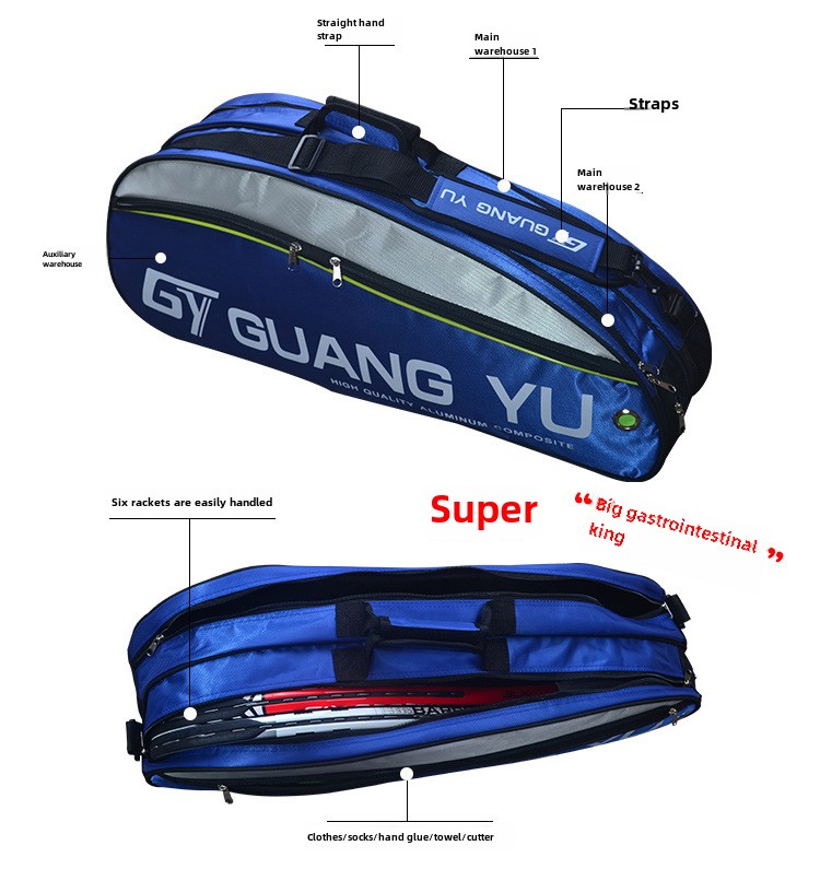 Large capacity can hold 6 badminton racket/tennis racket/squash racket backpack/multi-layer sports shoulder bag unisex_voghion.com